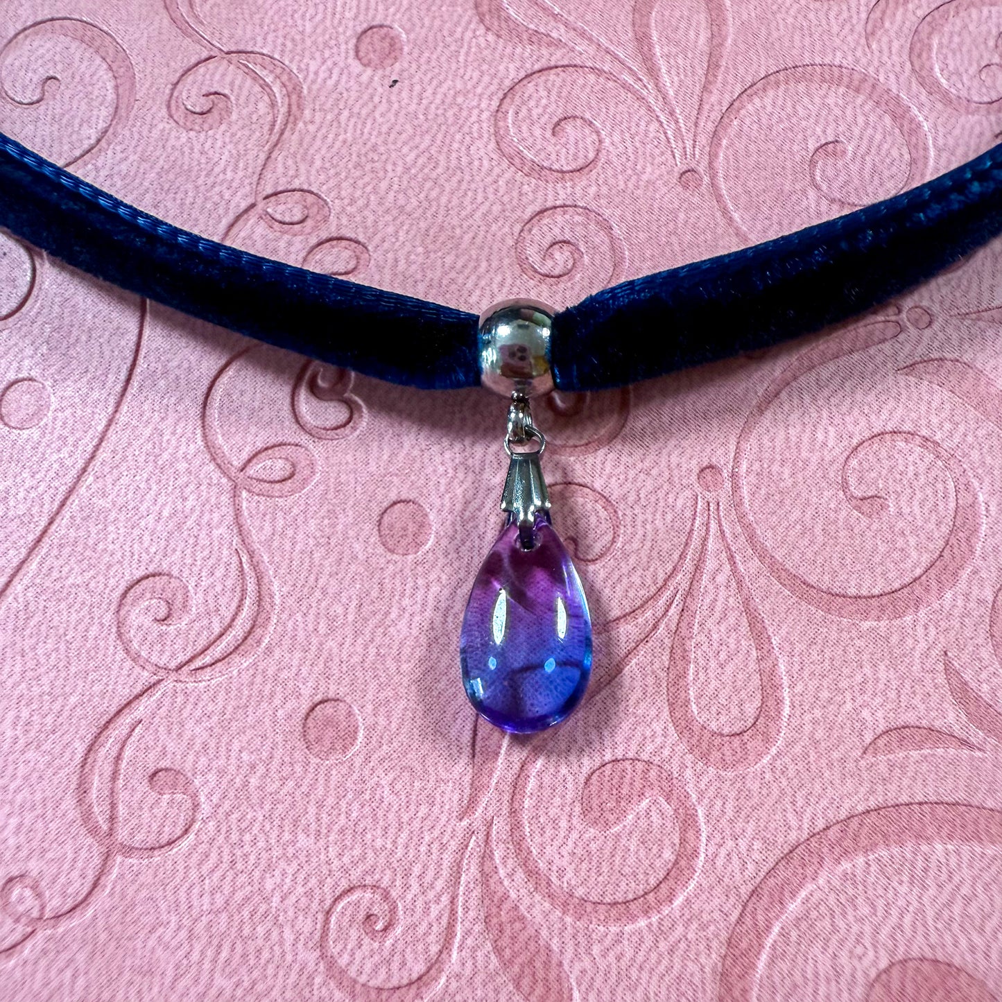 Twilight Violet Glass Teardrop Velvet Choker Necklace