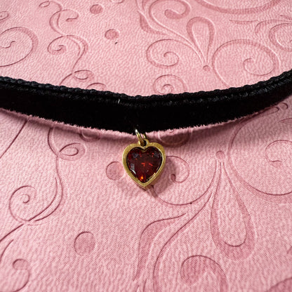 Gold Heart Gem Velvet Choker Necklace
