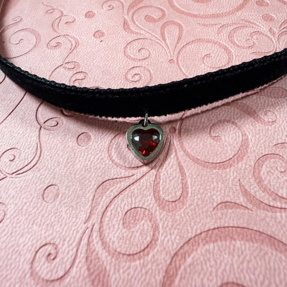 Silver Heart Gem Velvet Choker Necklace