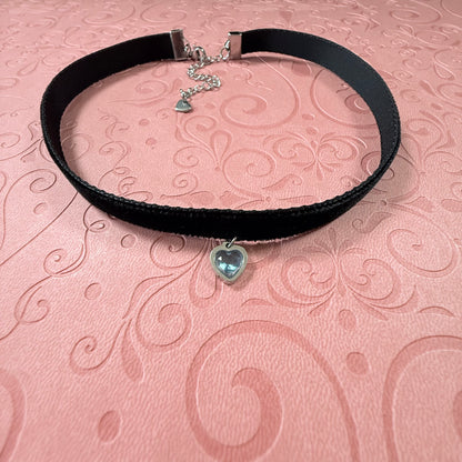 Silver Heart Gem Velvet Choker Necklace
