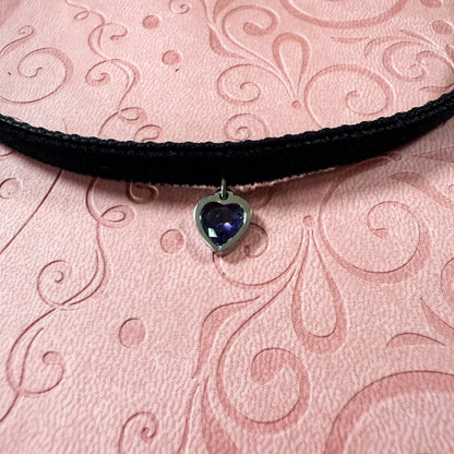 Silver Heart Gem Velvet Choker Necklace