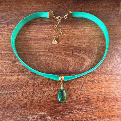 Glass Teardrop Velvet Choker Necklace – Emerald Teal