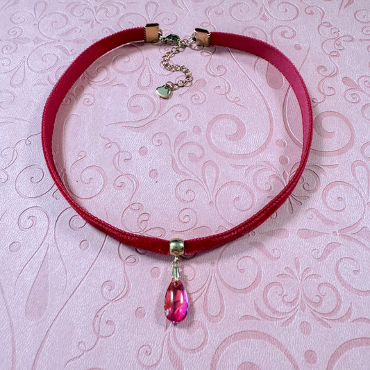 Magenta Sunset Glass Teardrop Velvet Choker Necklace