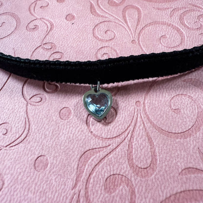 Silver Heart Gem Velvet Choker Necklace