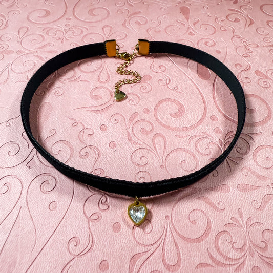 Gold Heart Gem Velvet Choker Necklace