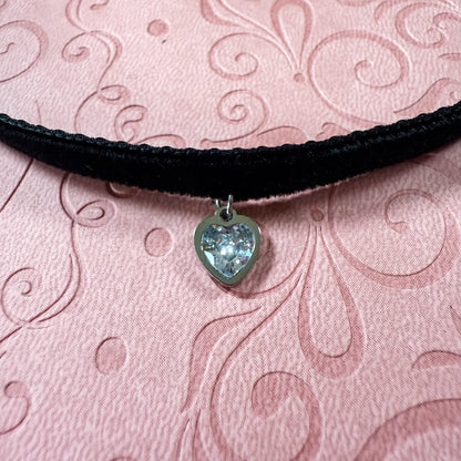 Silver Heart Gem Velvet Choker Necklace