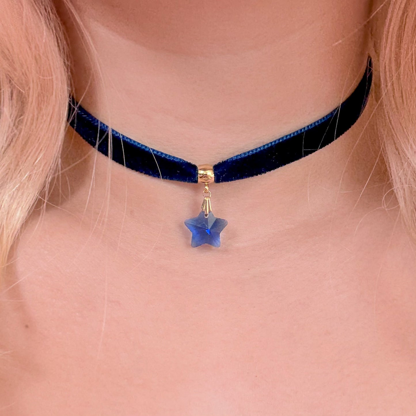 Blue Crystal Star Velvet Choker Necklace