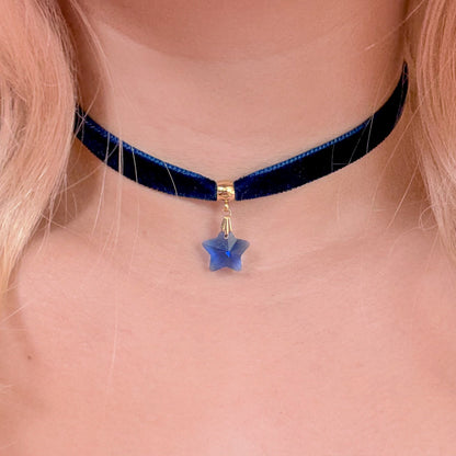 Blue Crystal Star Velvet Choker Necklace