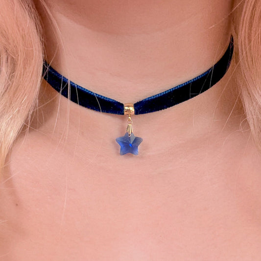 Blue Crystal Star Velvet Choker Necklace