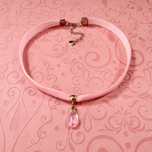Pastel Pink Glass Teardrop Velvet Choker Necklace