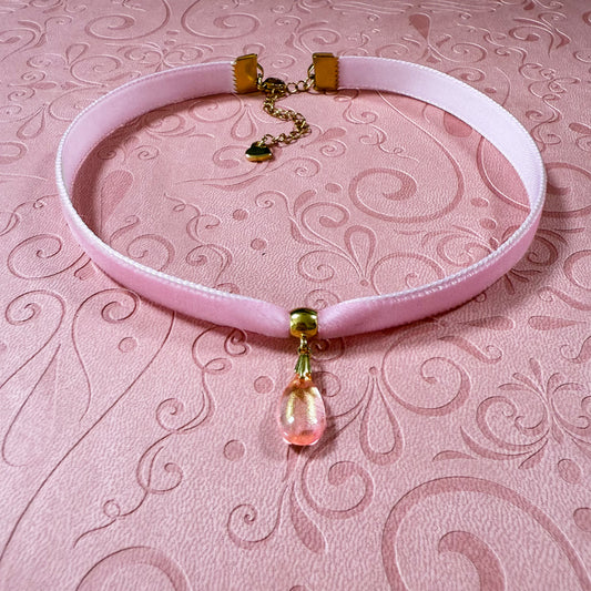 Glass Teardrop Velvet Choker Necklace – Peach Gold Sparkle