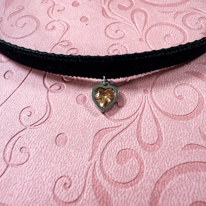 Silver Heart Gem Velvet Choker Necklace
