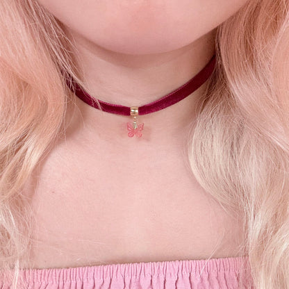 Pink Butterfly Velvet Choker Necklace
