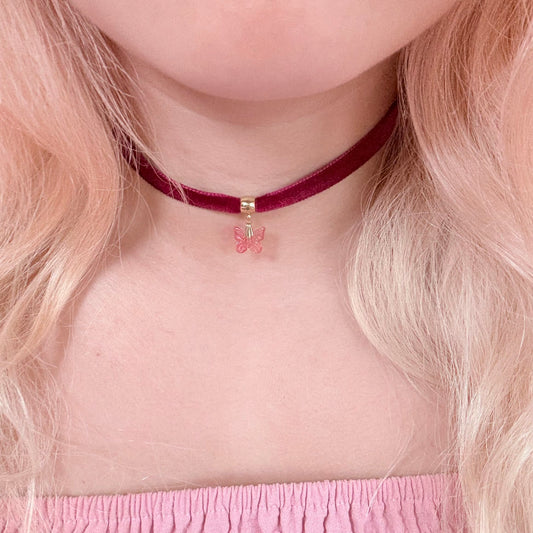 Pink Butterfly Velvet Choker Necklace