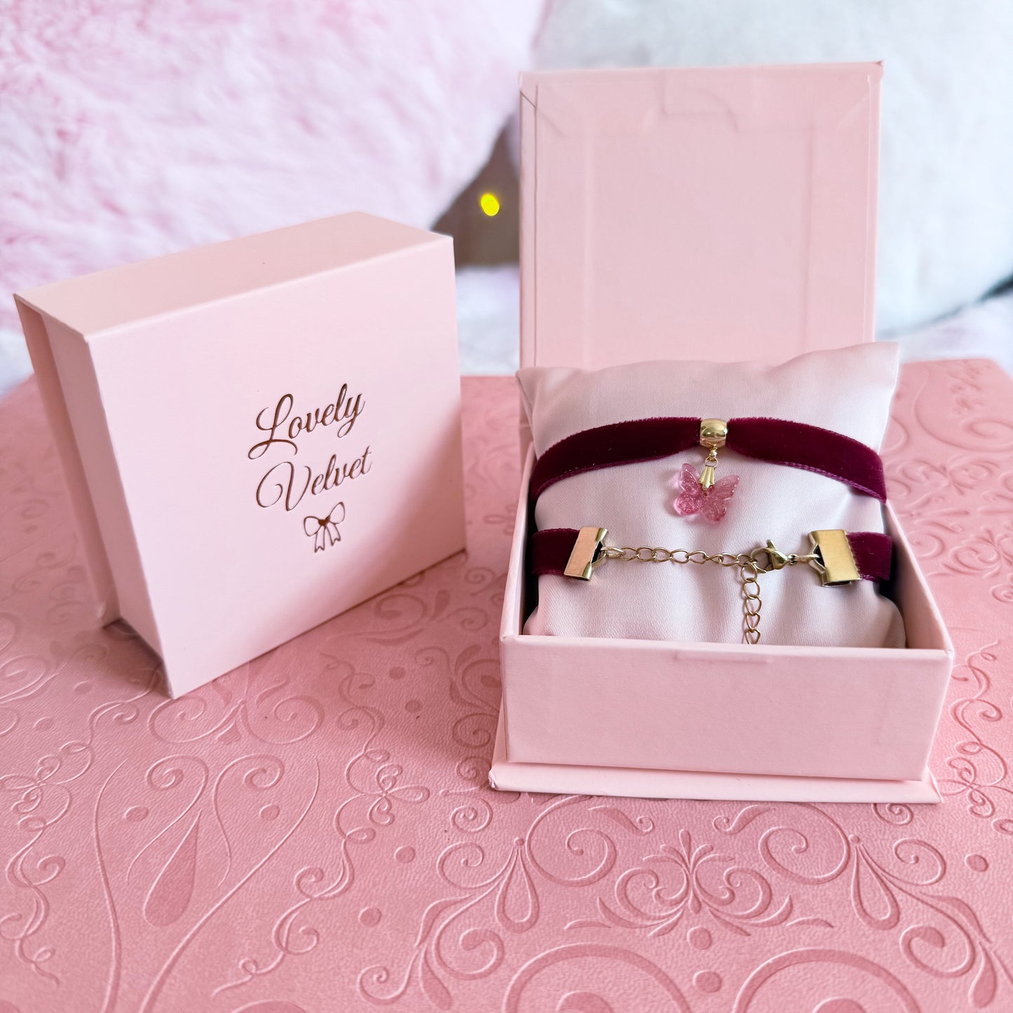Pink Butterfly Velvet Choker Necklace