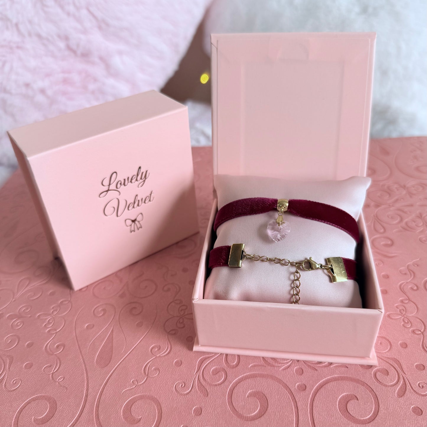 Pink Heart Velvet Choker Necklace