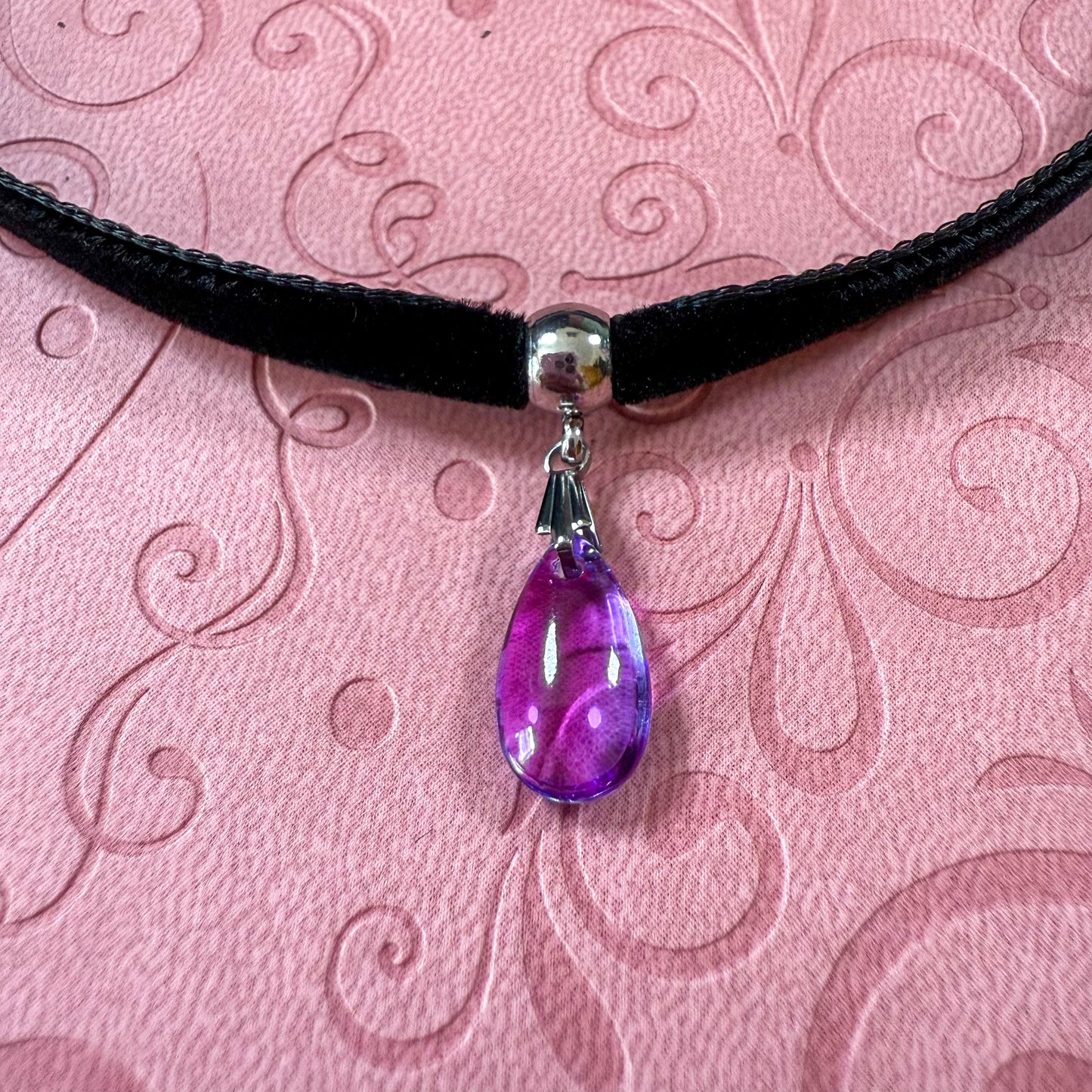 Purple Glass Teardrop Velvet Choker Necklace