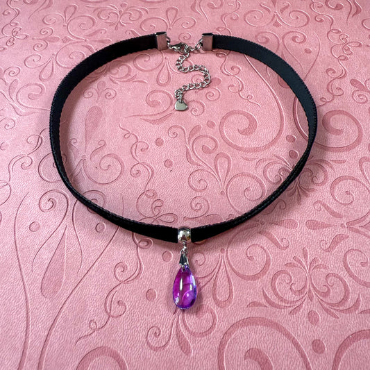 Purple Glass Teardrop Velvet Choker Necklace