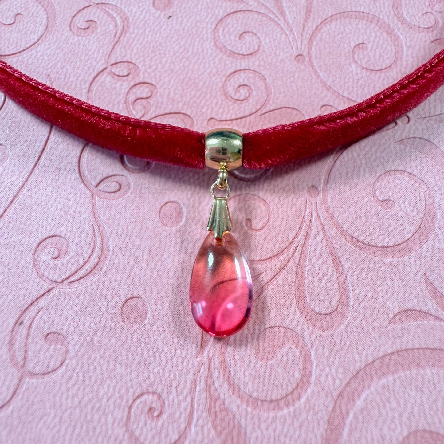 Rose Ember Glass Teardrop Velvet Choker Necklace
