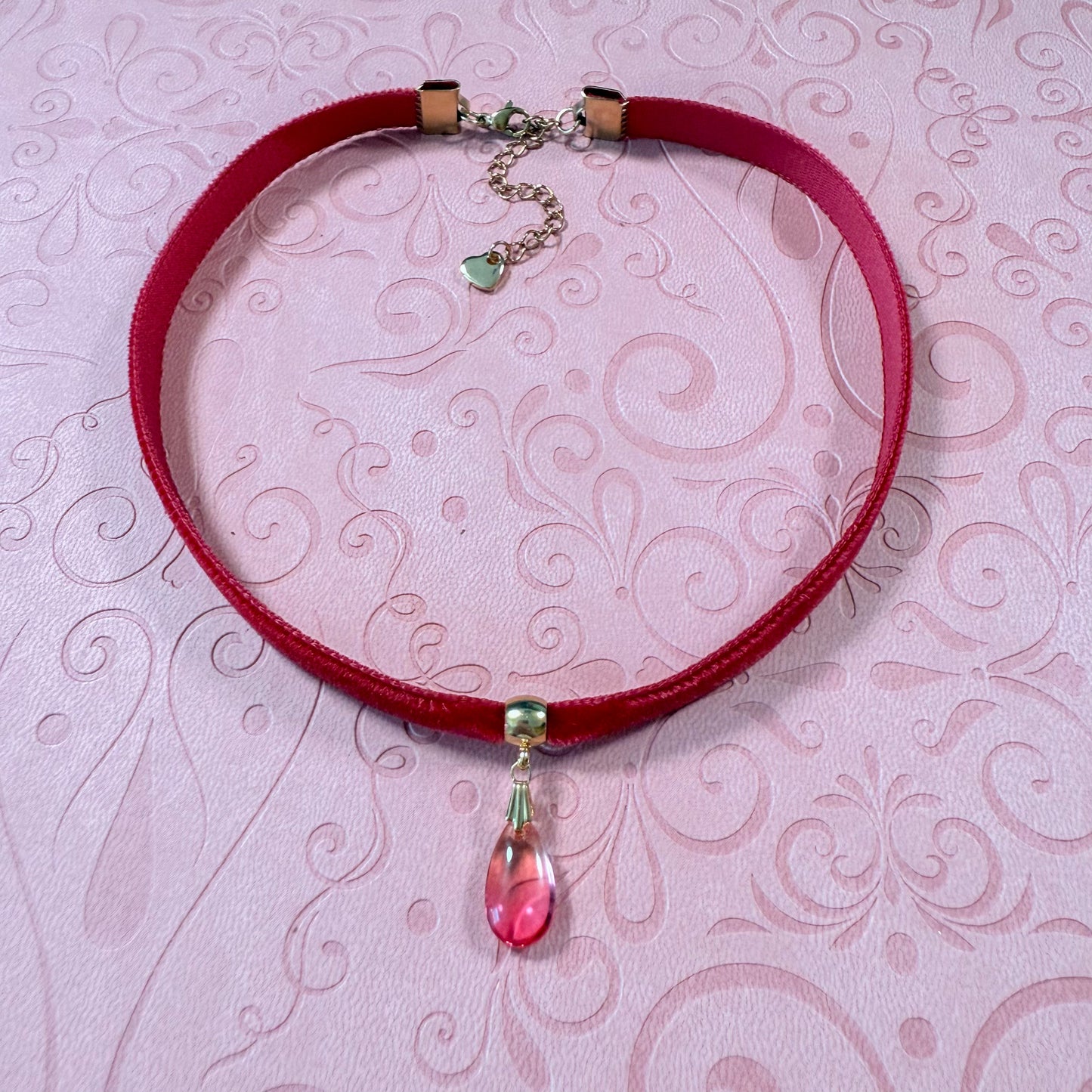 Rose Ember Glass Teardrop Velvet Choker Necklace
