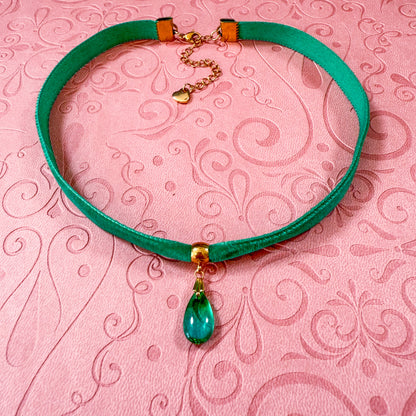 Sea Glass Glass Teardrop Velvet Choker Necklace