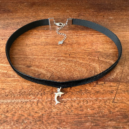 Sterling Silver Dolphin Velvet Choker Necklace
