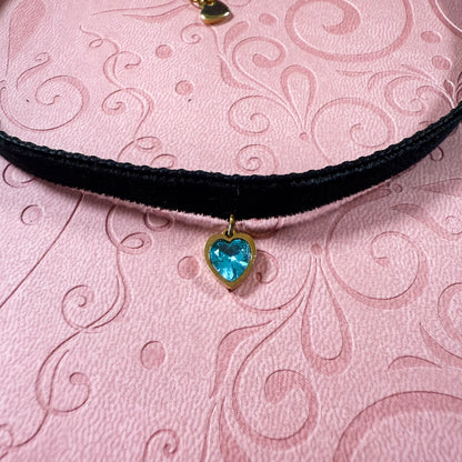 Gold Heart Gem Velvet Choker Necklace