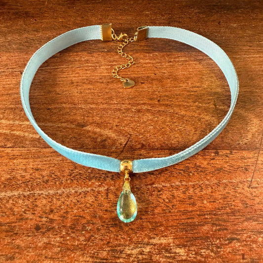 Glass Teardrop Velvet Choker Necklace – Aqua Gold Sparkle